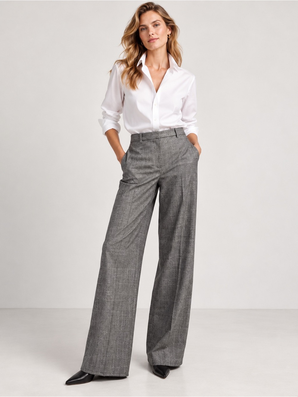 Theory Size 4 Wide Leg Wool Trousers Black/White Prince of Wales Plaid